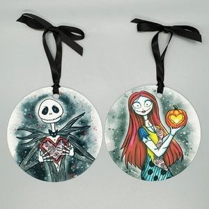 Jack & Sally Inspired Original Illustration 3.5" Two-Sided Flat Metal Ornaments